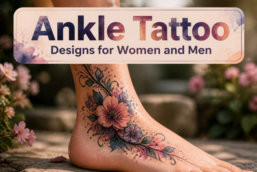 A display of various ankle tattoo designs in different styles.