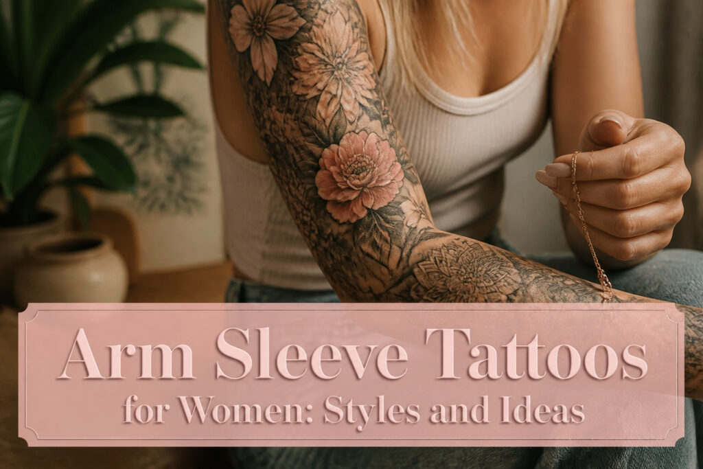 Different styles of arm sleeve tattoos for women displayed together.