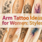 Various arm tattoos for women displayed in a collage.