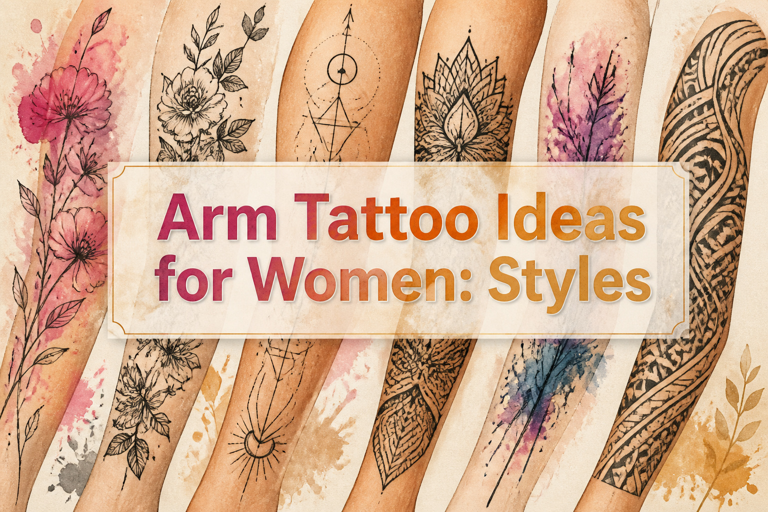 Various arm tattoos for women displayed in a collage.