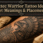 Various Aztec warrior tattoos with different designs and details.