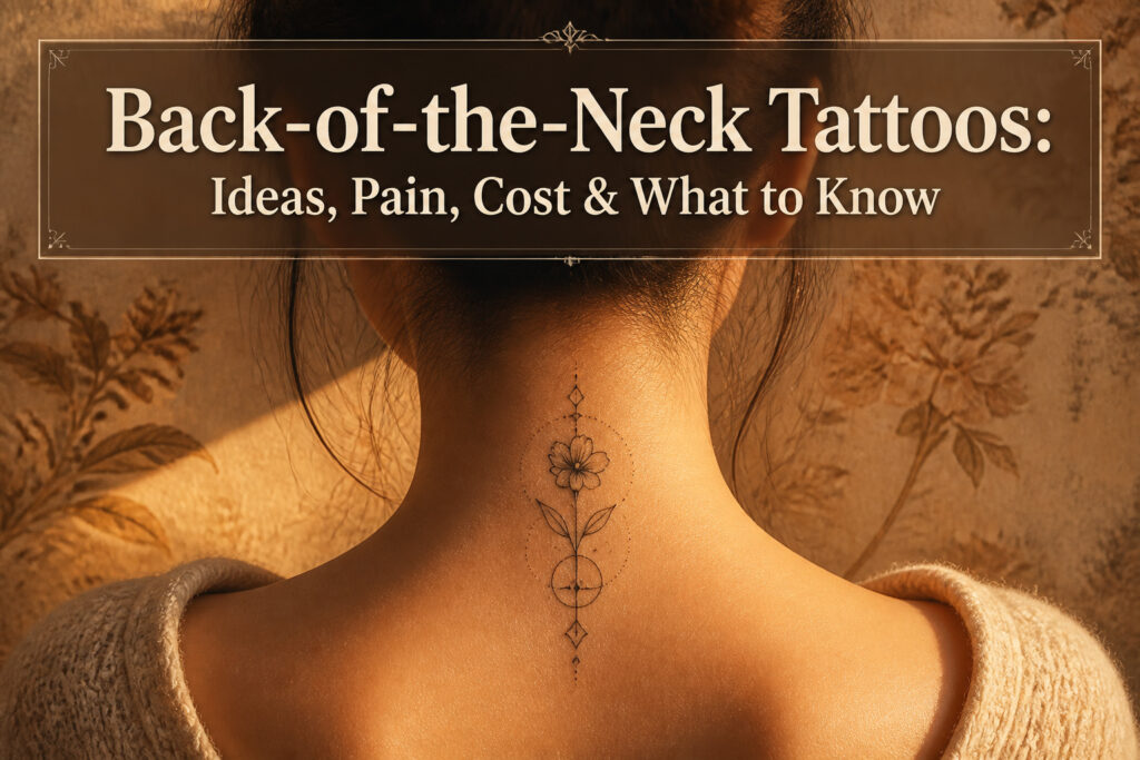 Various back-of-the-neck tattoos including floral, geometric, and script designs.