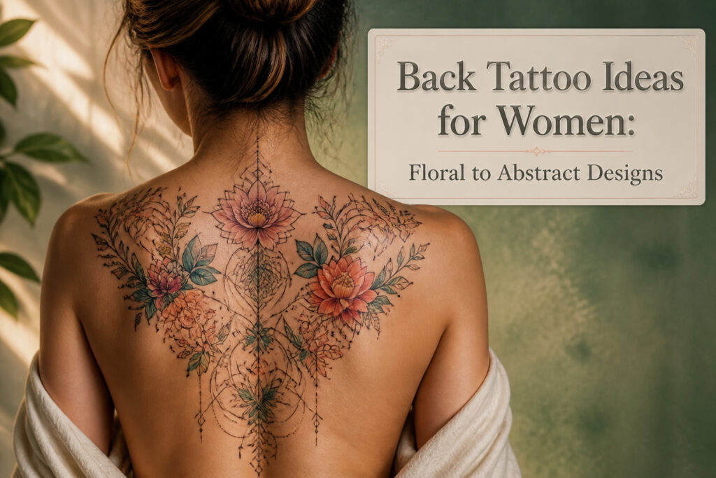 An assortment of back tattoo ideas for women, showcasing different designs.