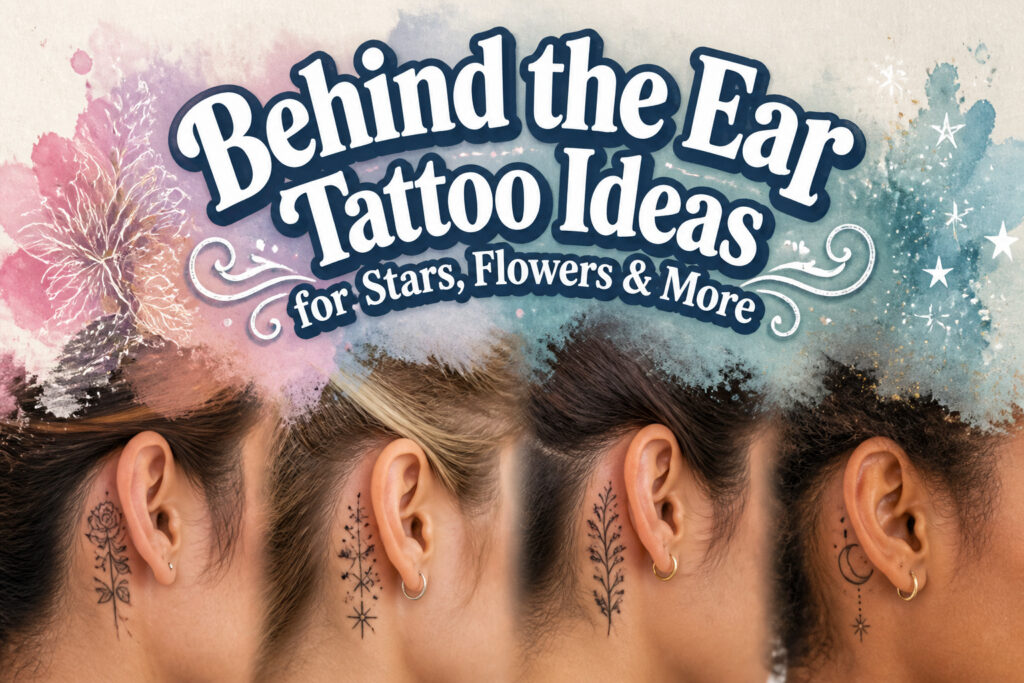 Various behind the ear tattoos including stars, flowers, and symbols.