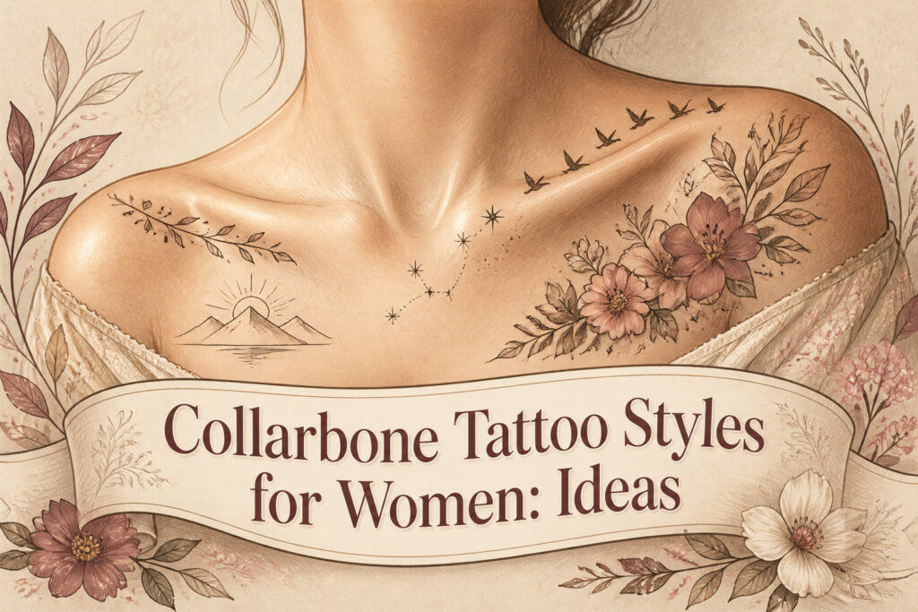 Various styles of collarbone tattoos displayed on a woman's skin.