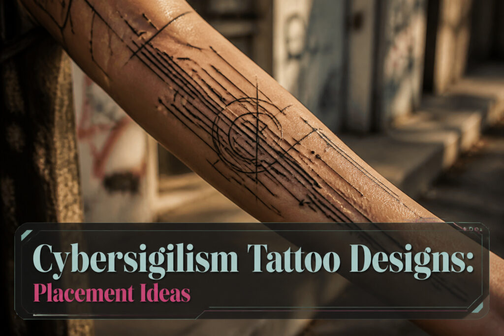 Close-up of a detailed cybersigilism tattoo on skin.