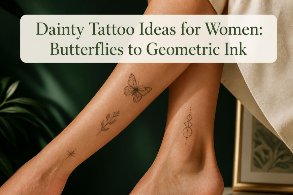 Various small tattoos including butterflies, flowers, and geometric designs.