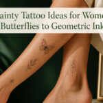 Various small tattoos including butterflies, flowers, and geometric designs.