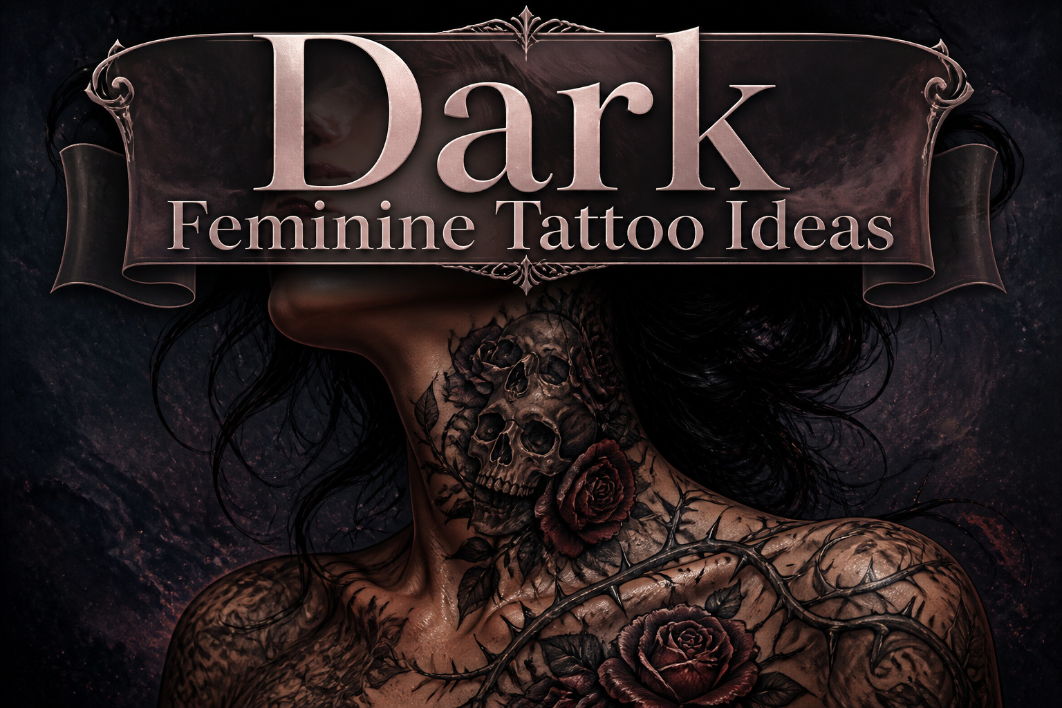 A collage of dark feminine tattoos featuring skulls, roses, and other elements.