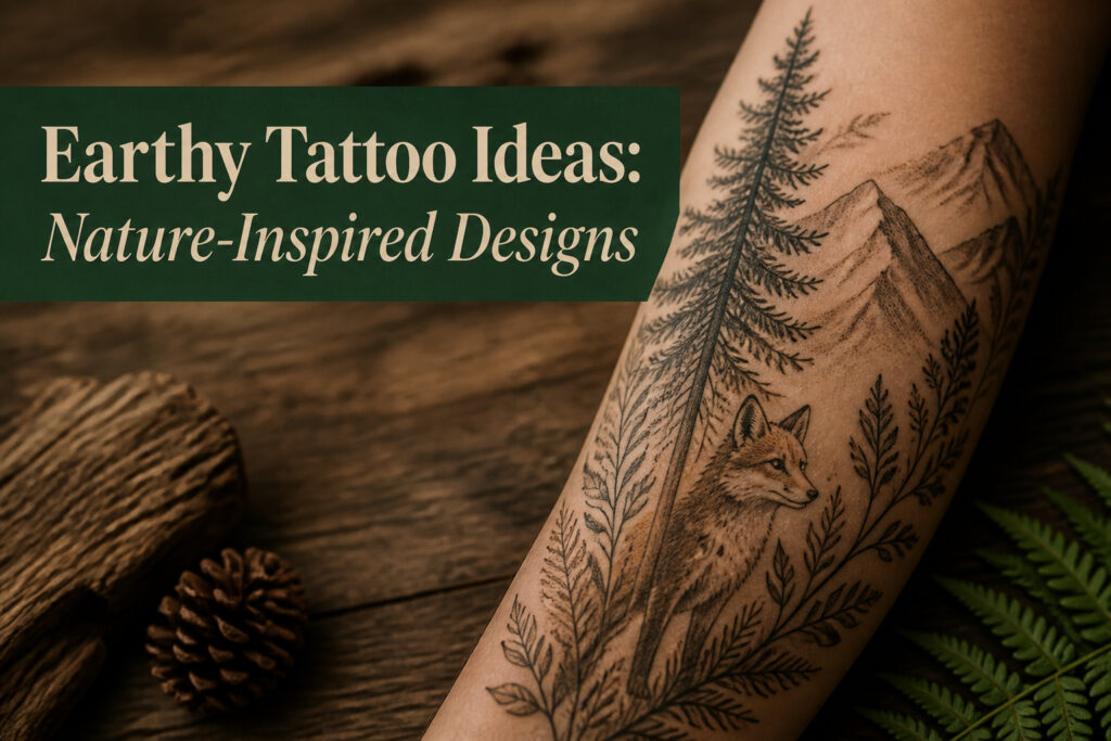 Various earthy tattoo designs displayed in a collage format.