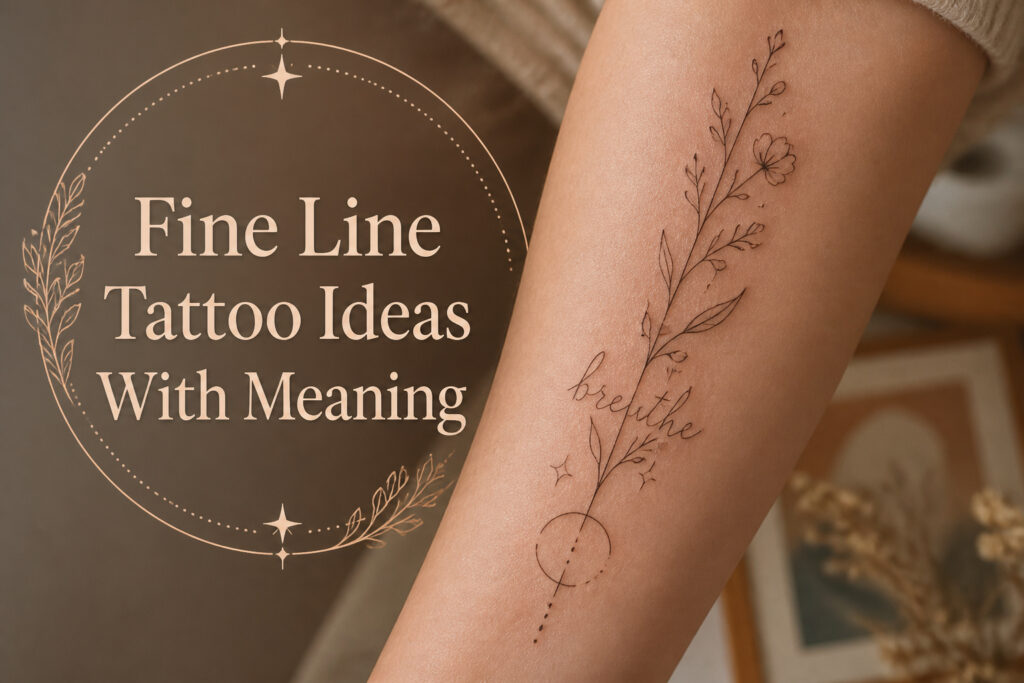 A collection of fine line tattoos with various designs and styles.