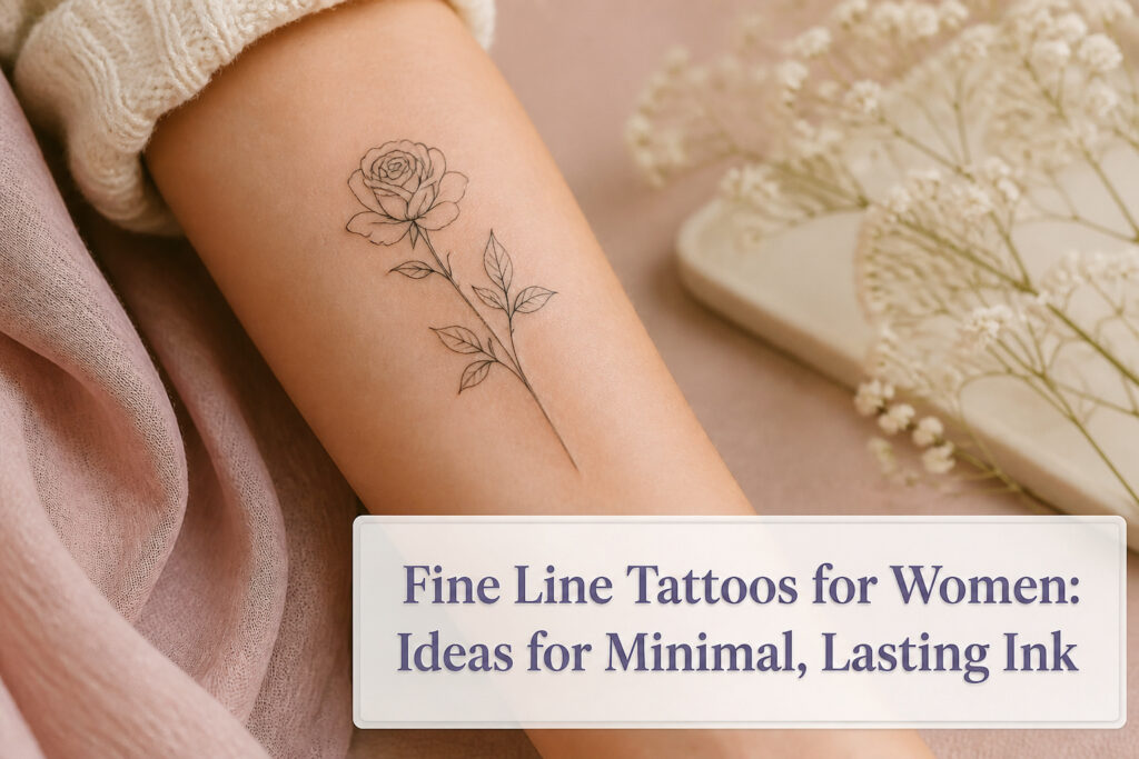A collection of fine line tattoos featuring various floral and geometric designs.
