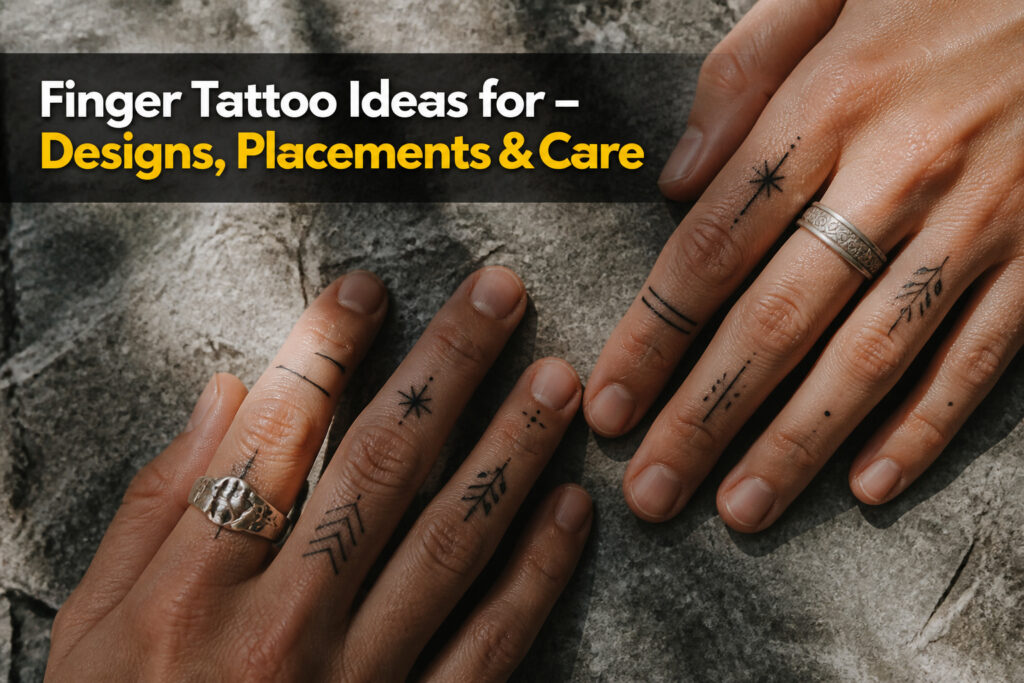An assortment of finger tattoos displayed on different fingers.