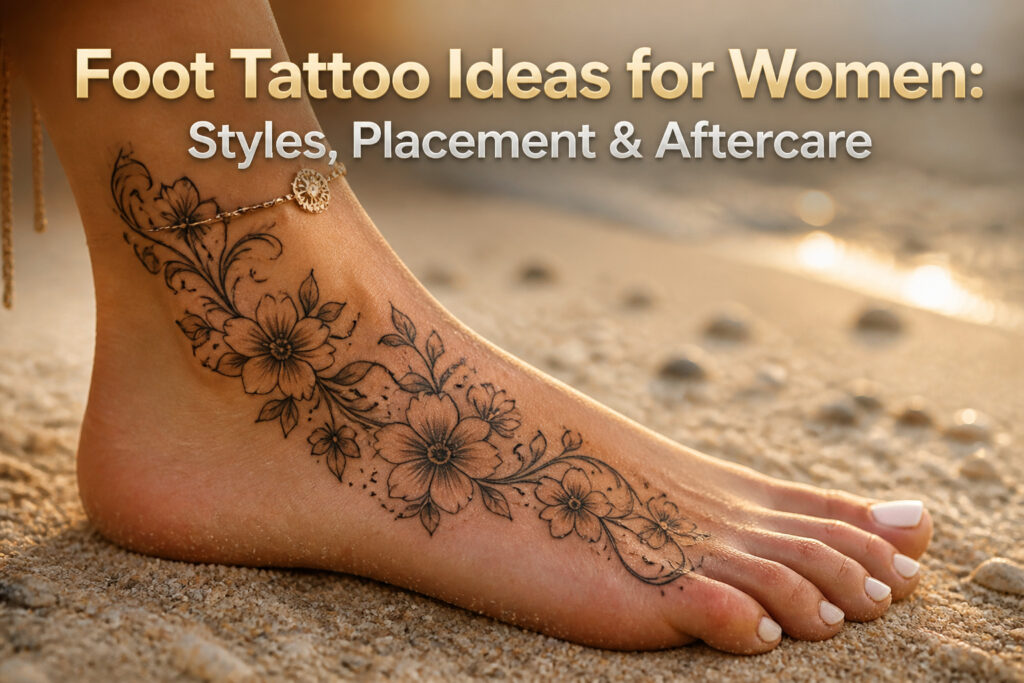 Different foot tattoos displayed on various women's feet.