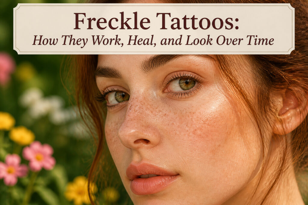 A close-up of a model with freckle tattoos on her cheeks.