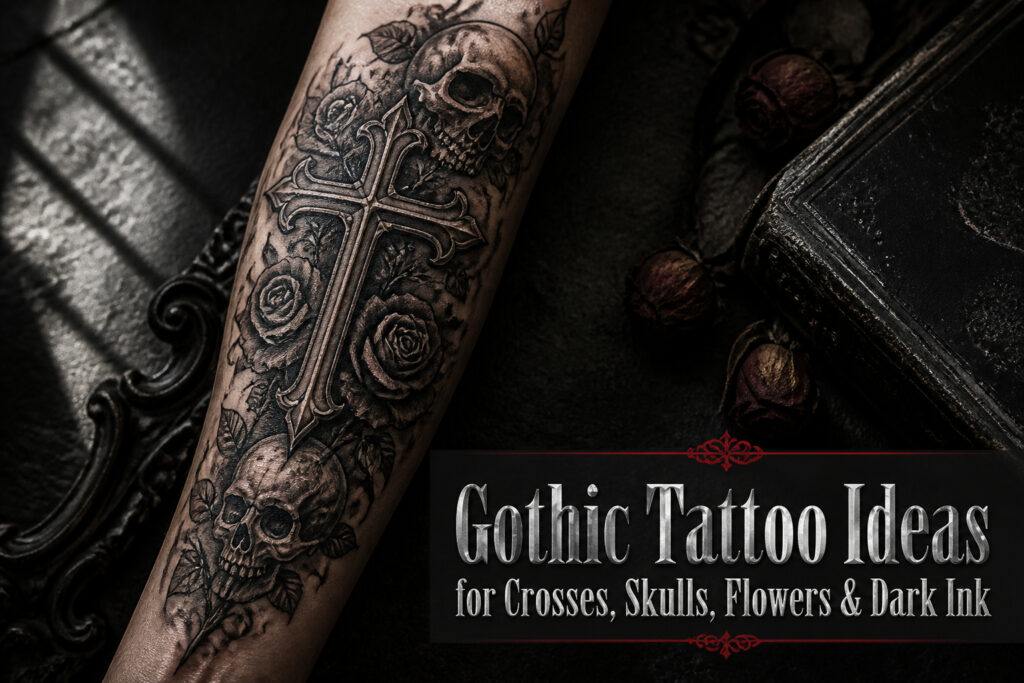 Various gothic tattoos including crosses, skulls, and flowers in dark ink.