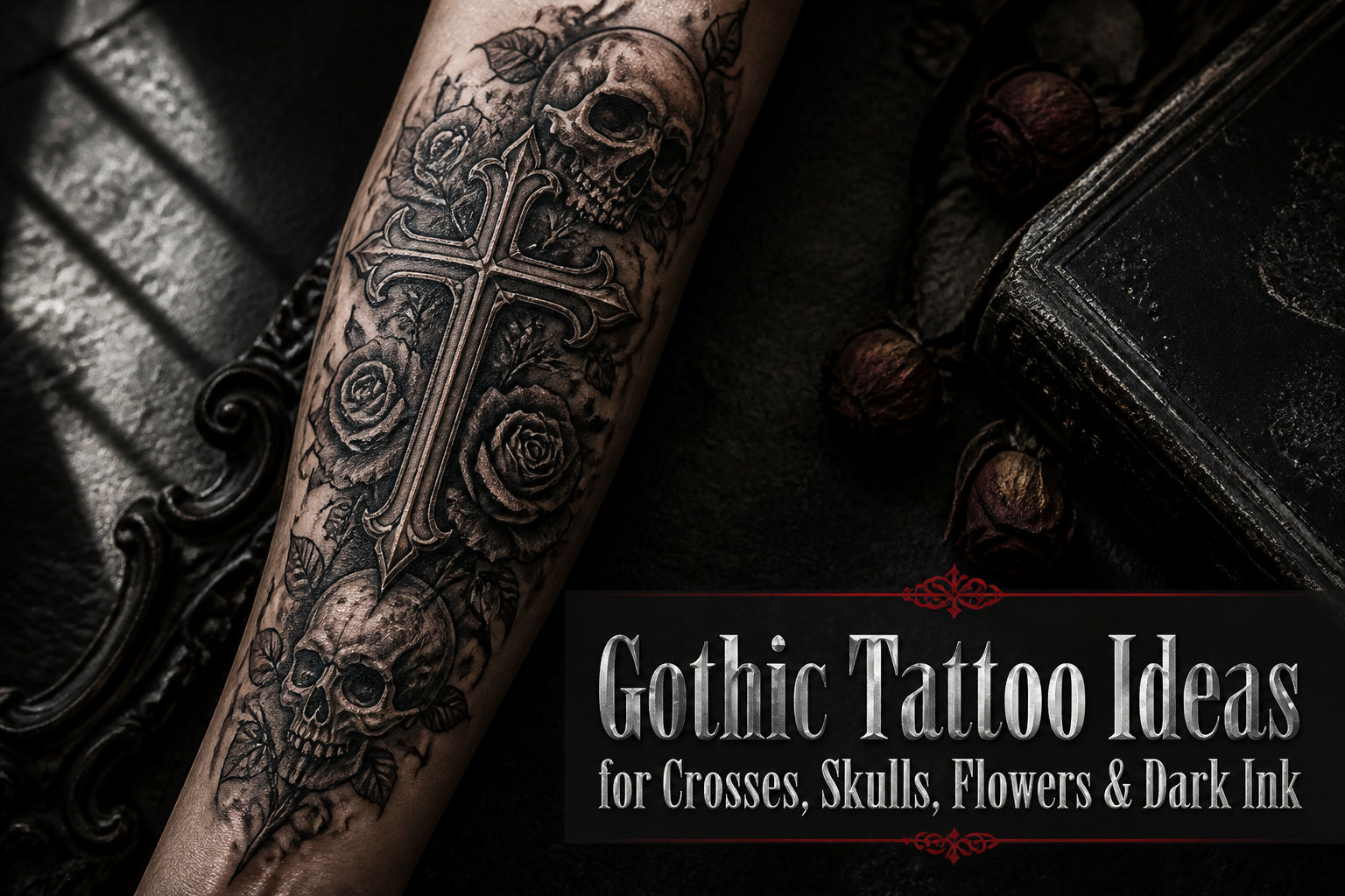 Various gothic tattoos including crosses, skulls, and flowers in dark ink.