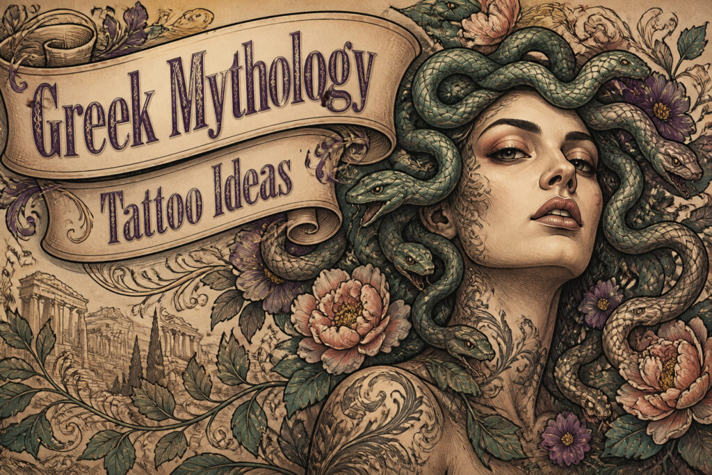 Various Greek mythology tattoos featuring symbols and figures.