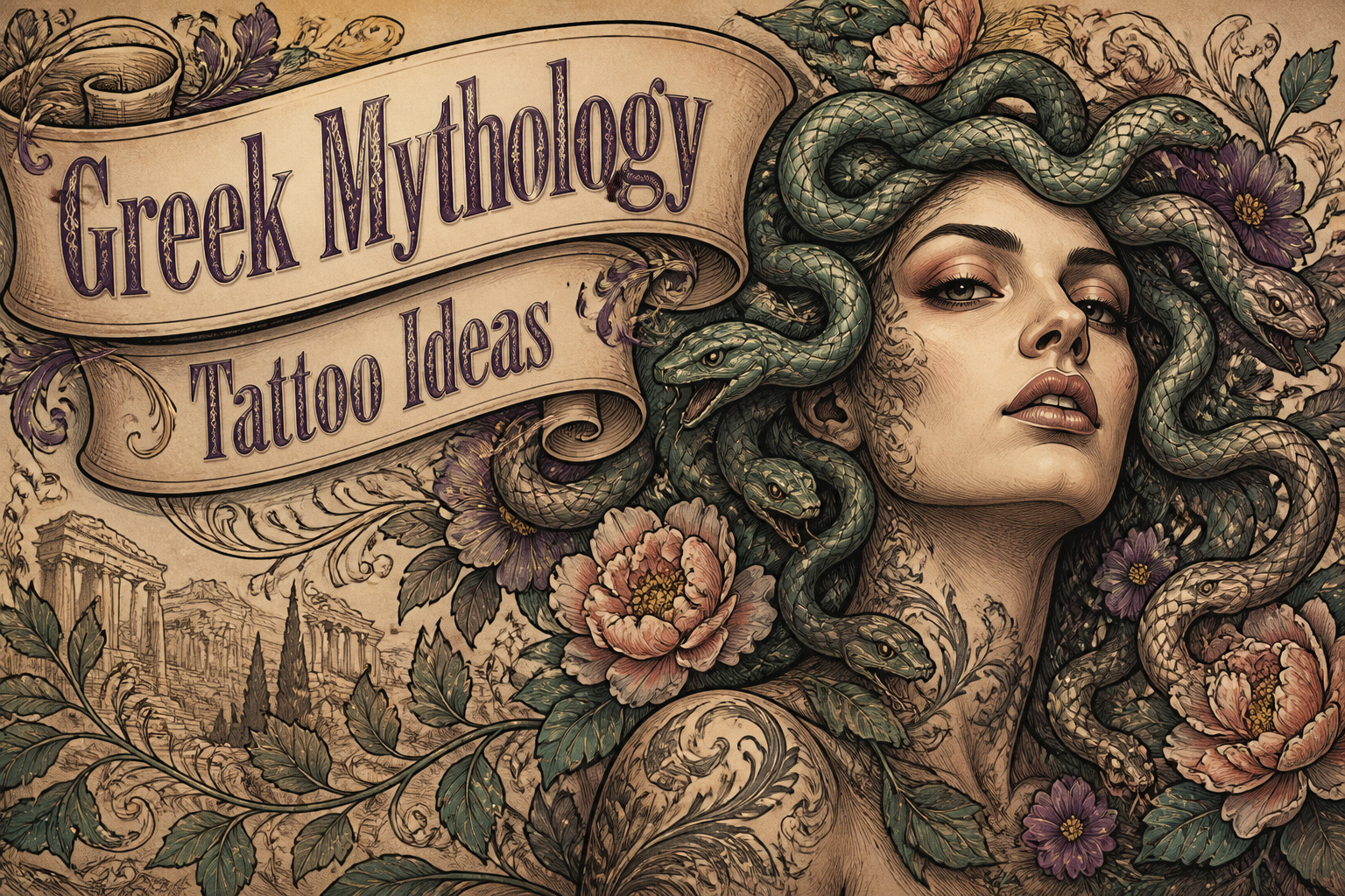 Various Greek mythology tattoos featuring symbols and figures.