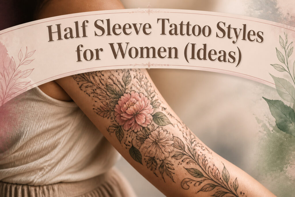 A collage of different half sleeve tattoos featuring floral, mandala, and abstract designs.