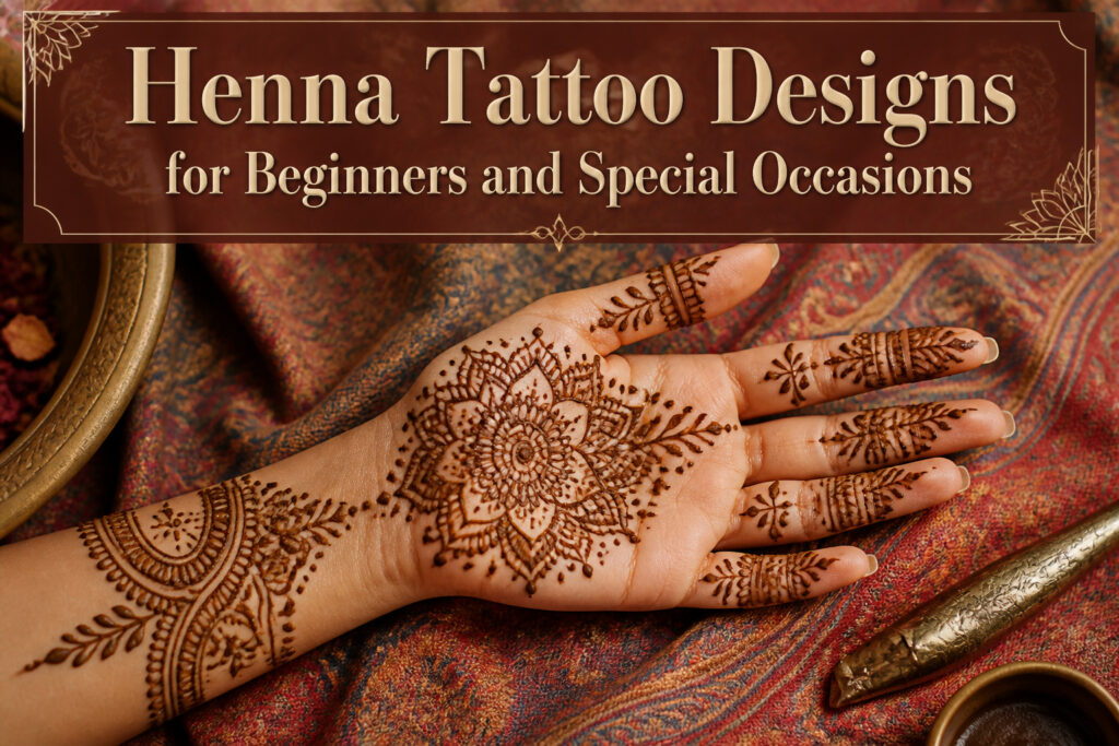 A variety of henna tattoo designs displayed on different skin areas.
