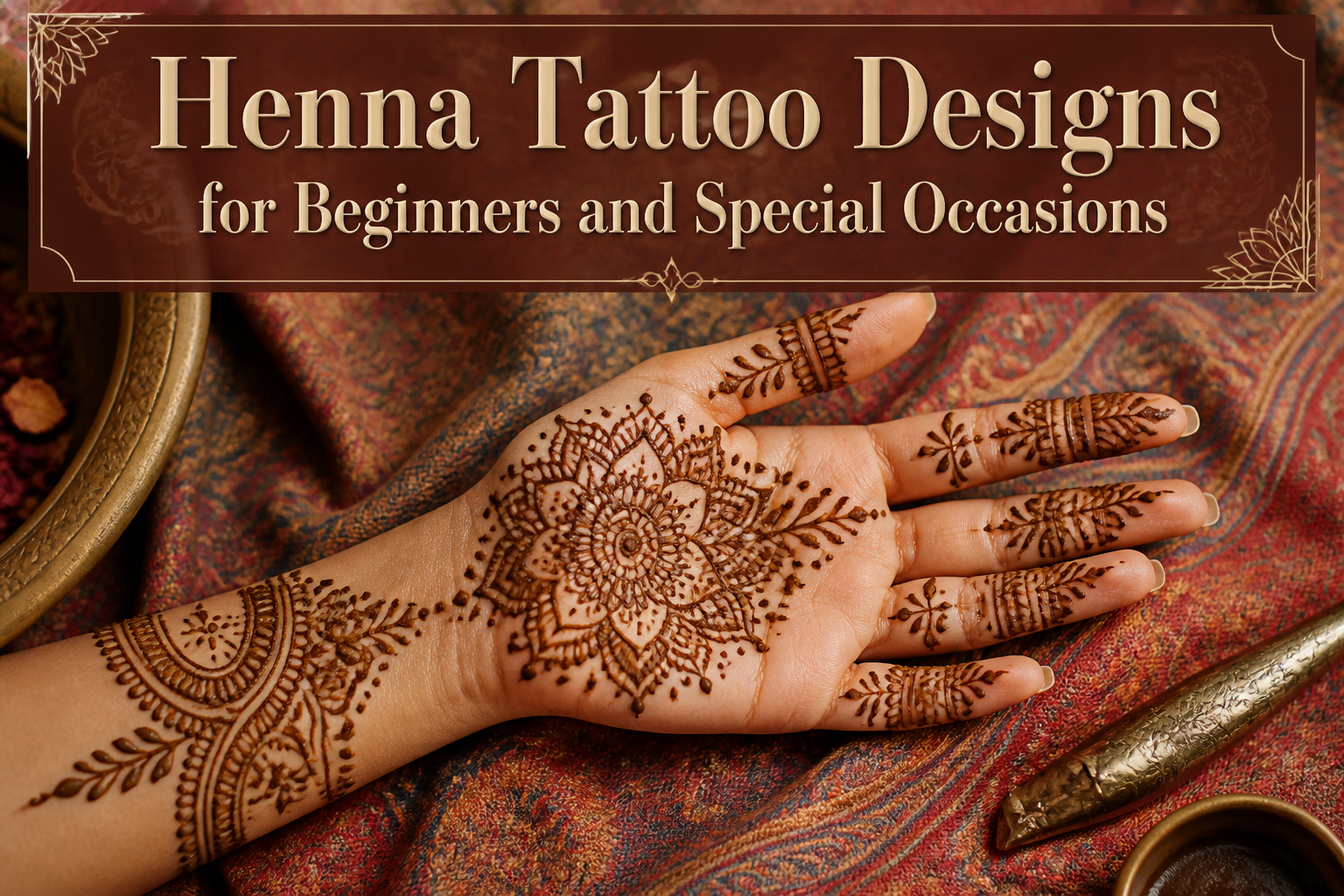 A variety of henna tattoo designs displayed on different skin areas.