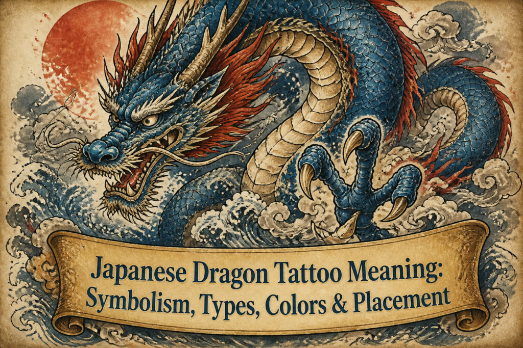 Japanese dragon tattoo with detailed scales and flowing design.