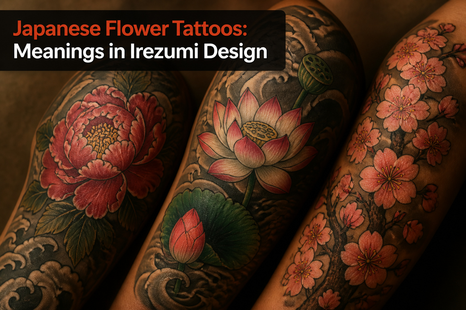 Half-sleeve tattoo of cherry blossoms with intricate wind bars.