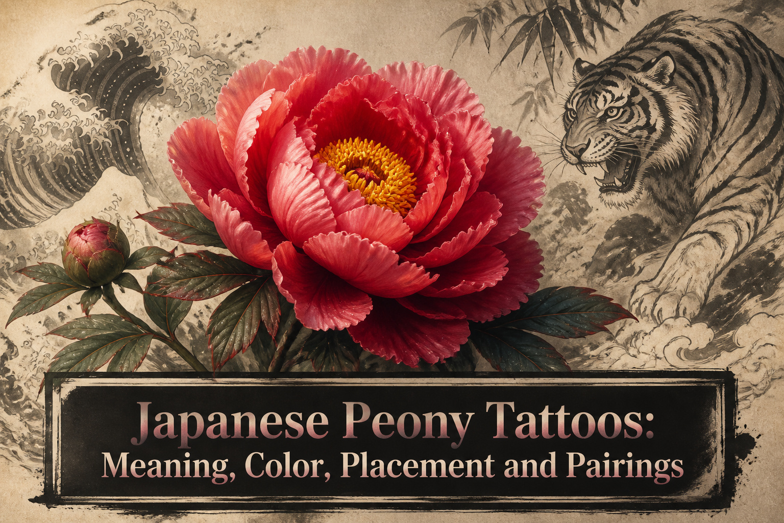 Close-up of a tattoo needle above a Japanese peony tattoo.