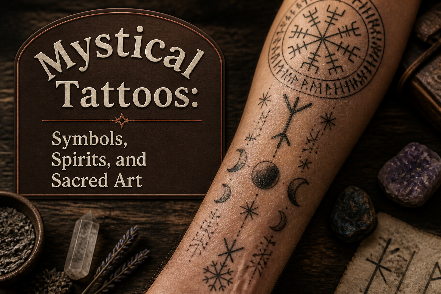Various mystical tattoos displayed together, highlighting different symbols.