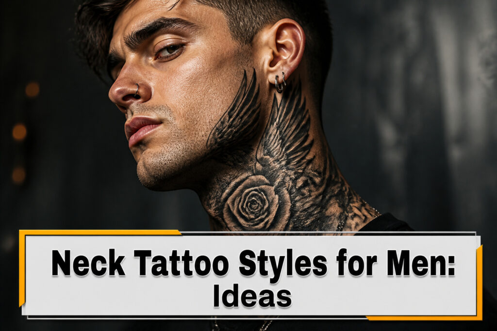 Detailed neck tattoo featuring intricate geometric patterns in black ink.