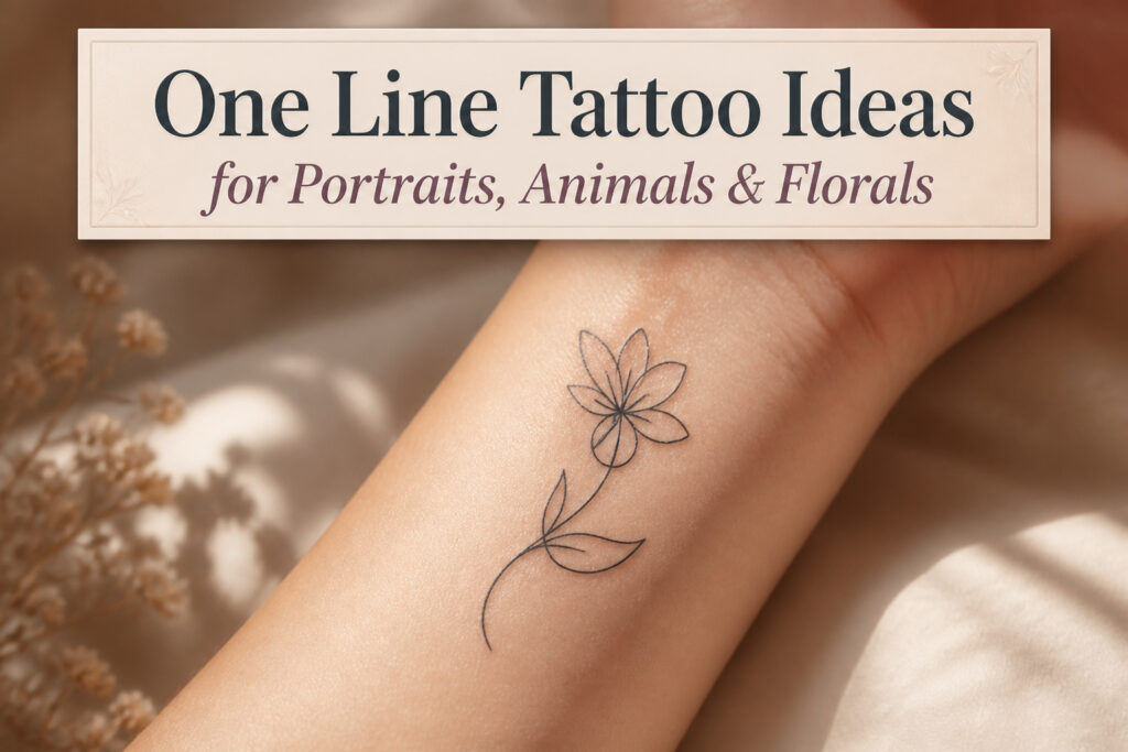 Various one line tattoo designs including portraits, animals, and florals.