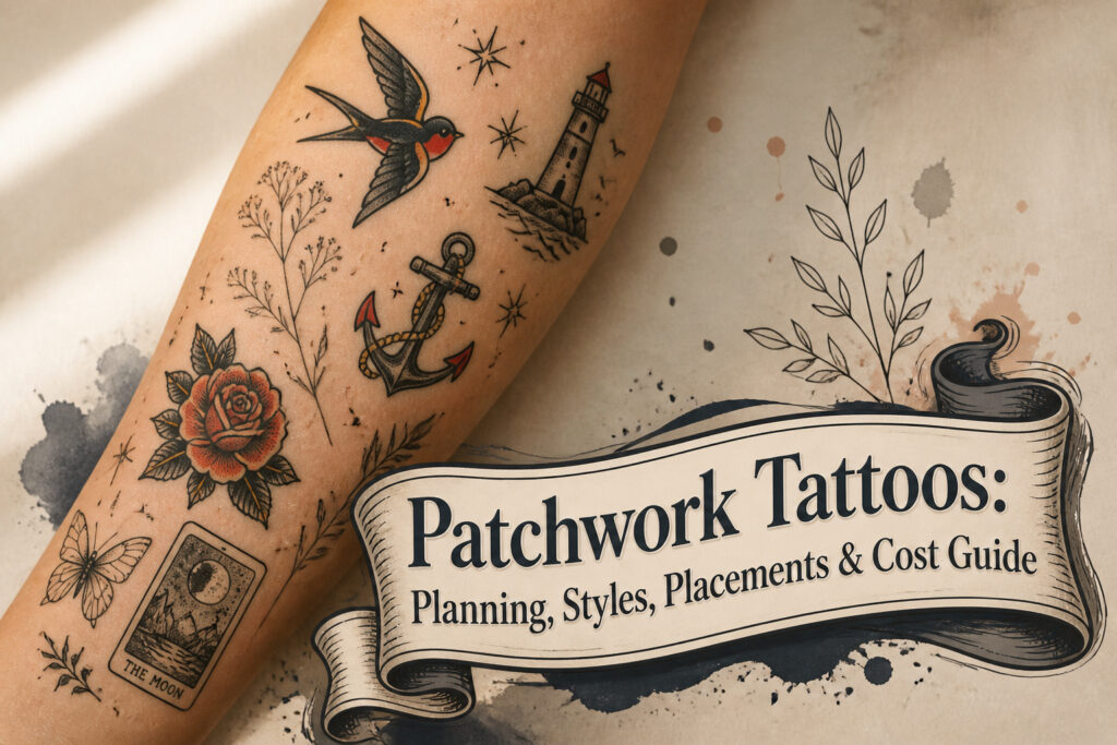 Close-up of bare skin with various distinct tattoos in different styles.