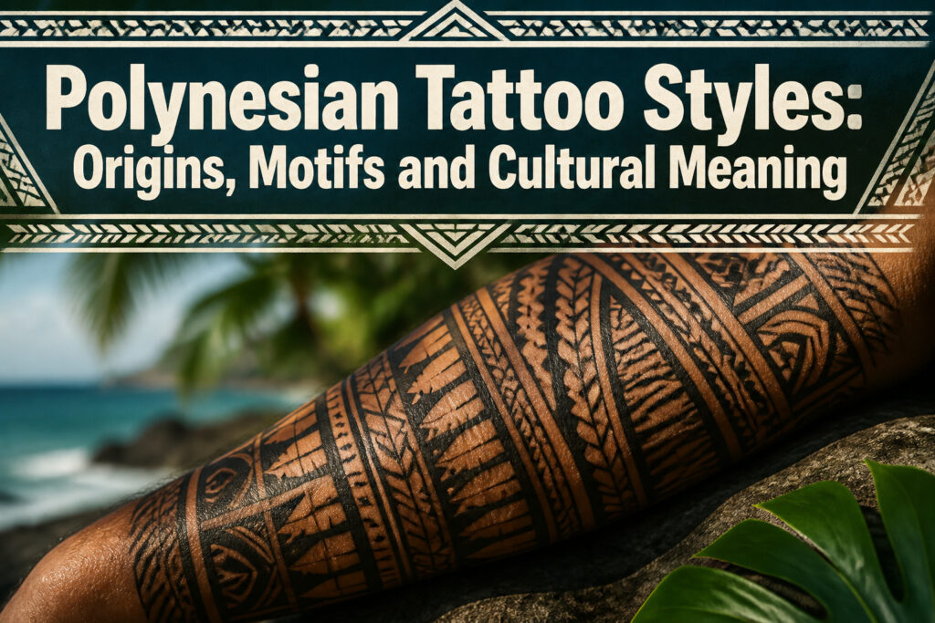 A collection of various Polynesian tattoos on a model's back.