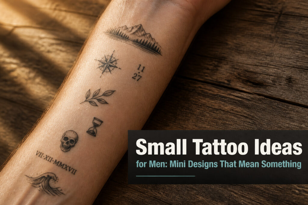 A collage of small tattoo ideas for men displayed across different skin areas.