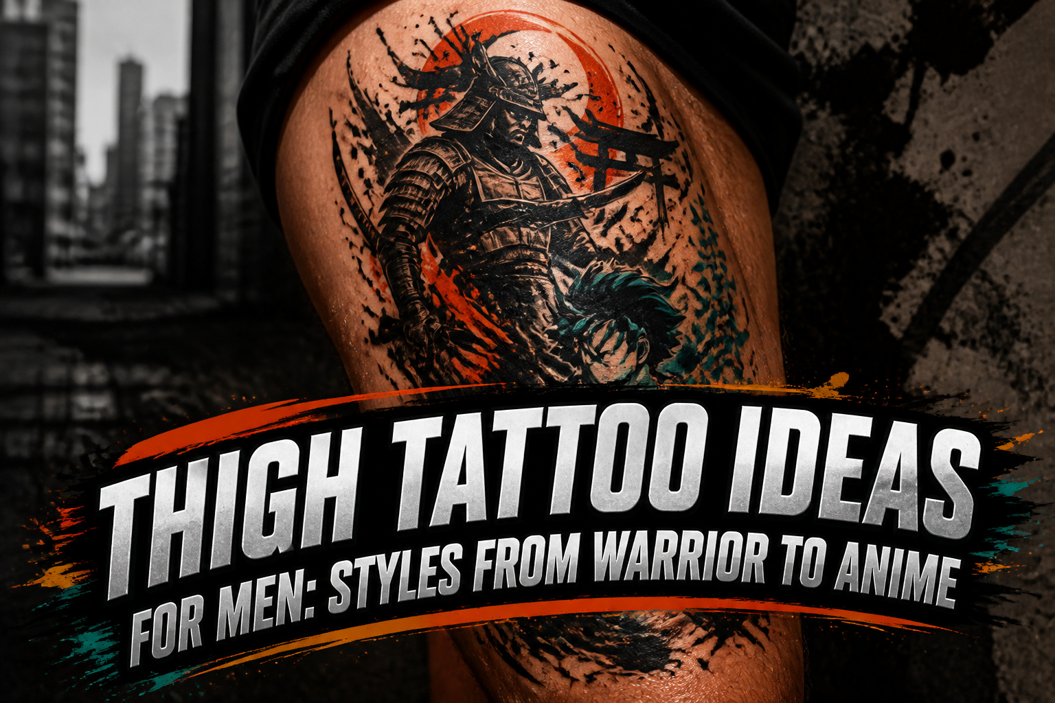 An assortment of thigh tattoos displayed on male models.