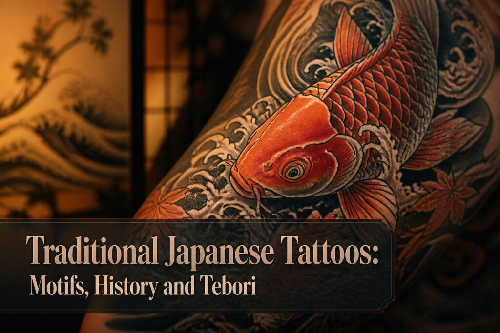 A display of traditional Japanese tattoo motifs on skin.