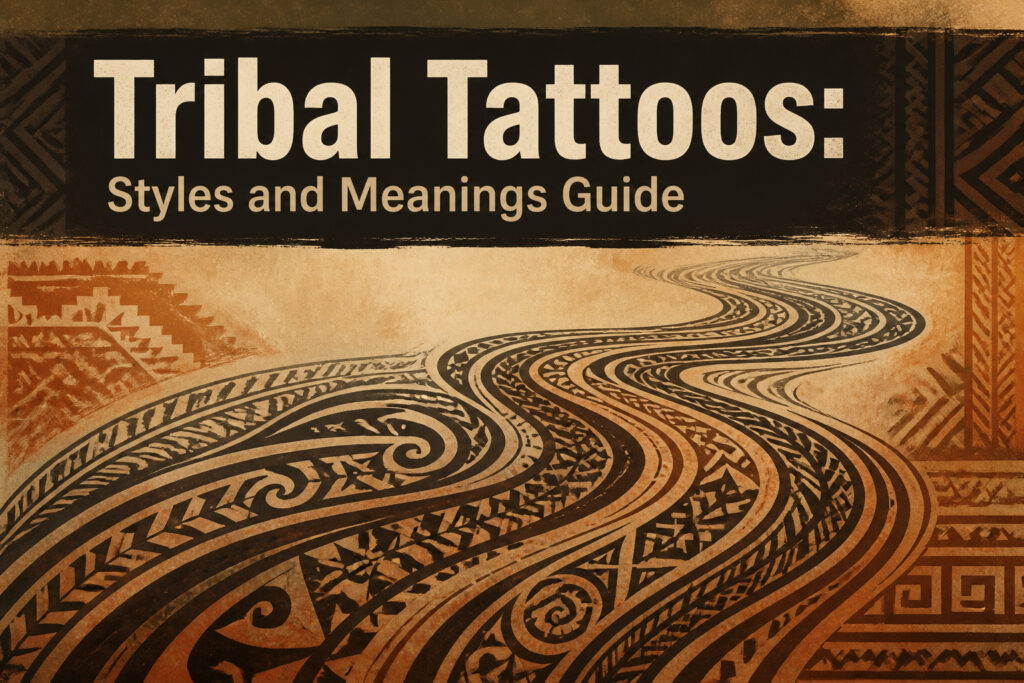 An intricate tribal tattoo design featuring various geometric patterns.