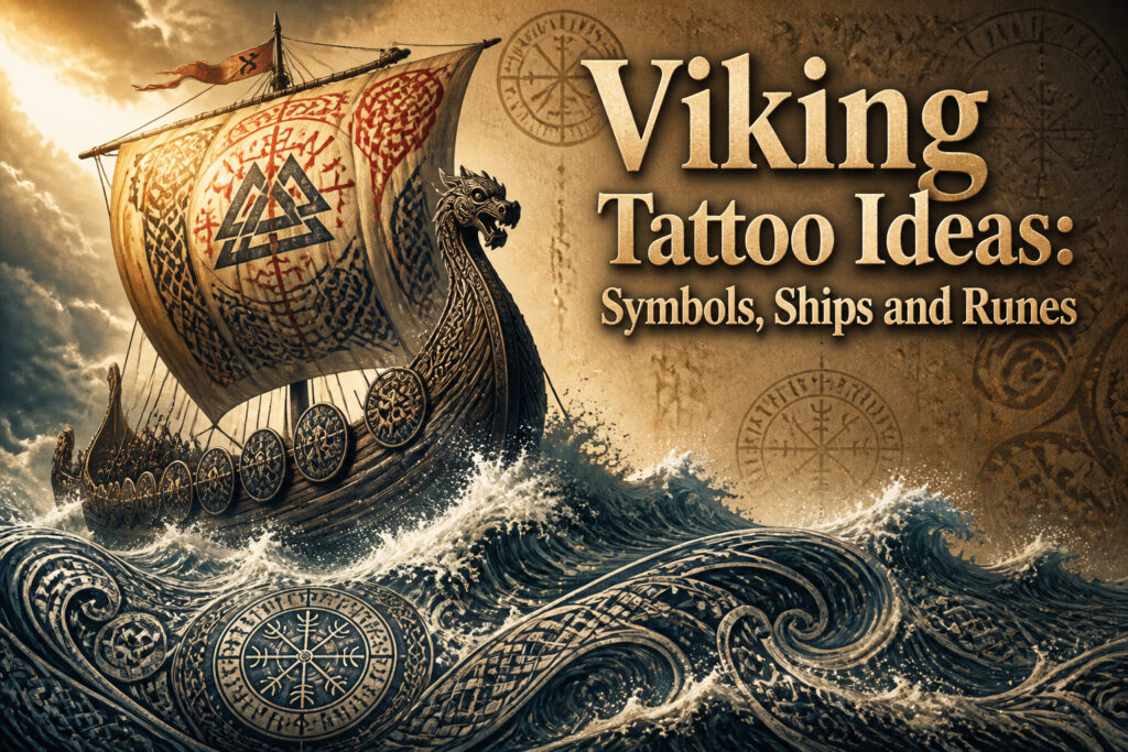Various Viking tattoo designs featuring symbols and traditional Norse art.