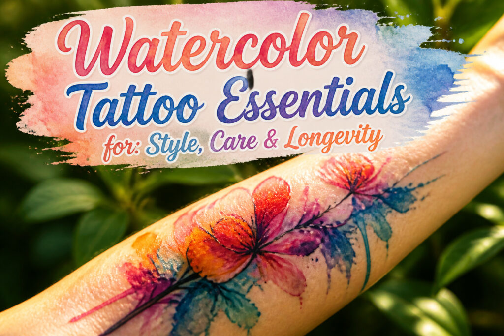 Watercolor tattoo with vibrant colors on a light olive-toned forearm.