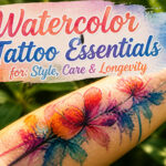 Watercolor tattoo with vibrant colors on a light olive-toned forearm.