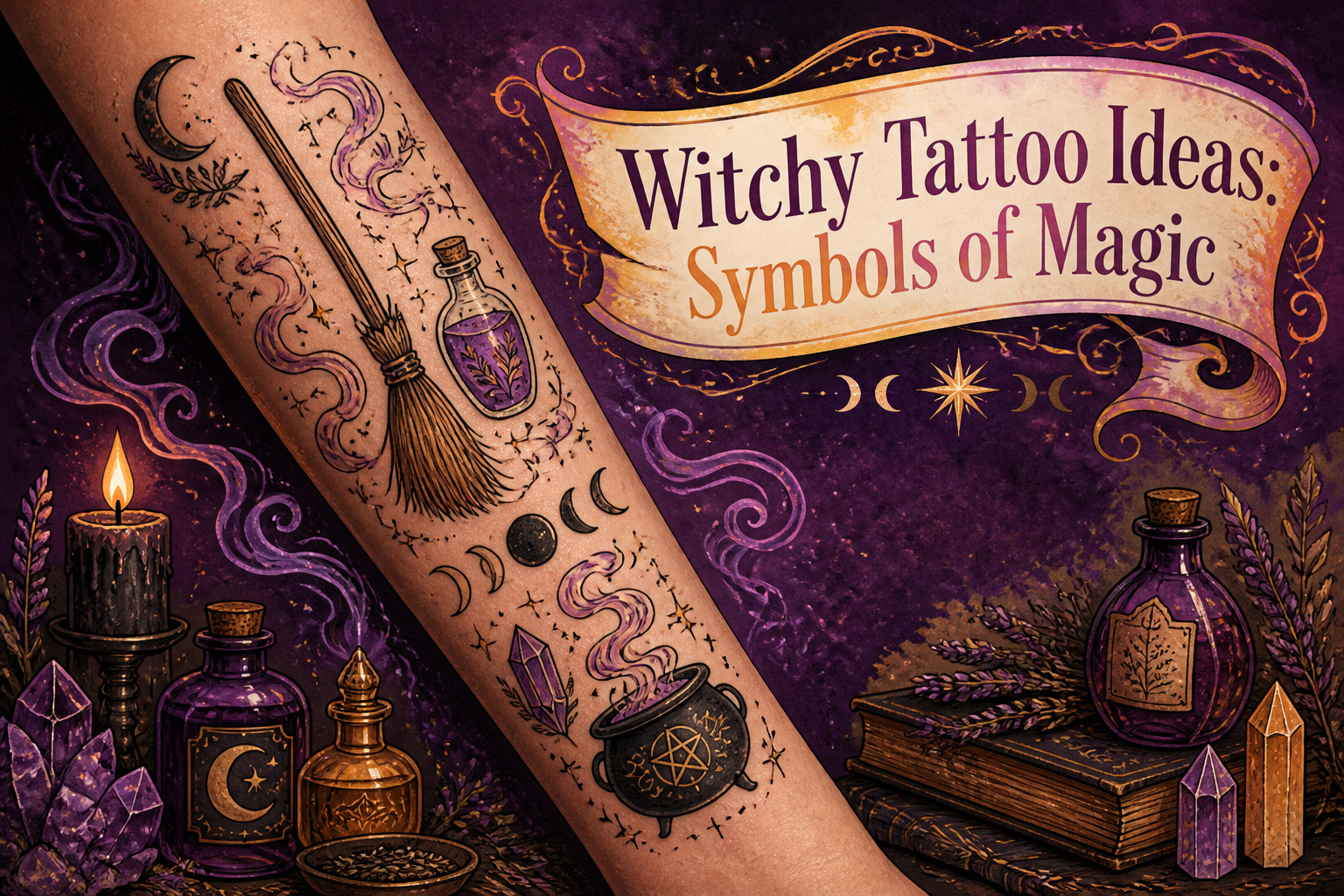A variety of witchy tattoos including moons, potions, and cats.