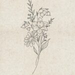 Fine line drawing of a floral bouquet with daisies and lilies on textured paper.