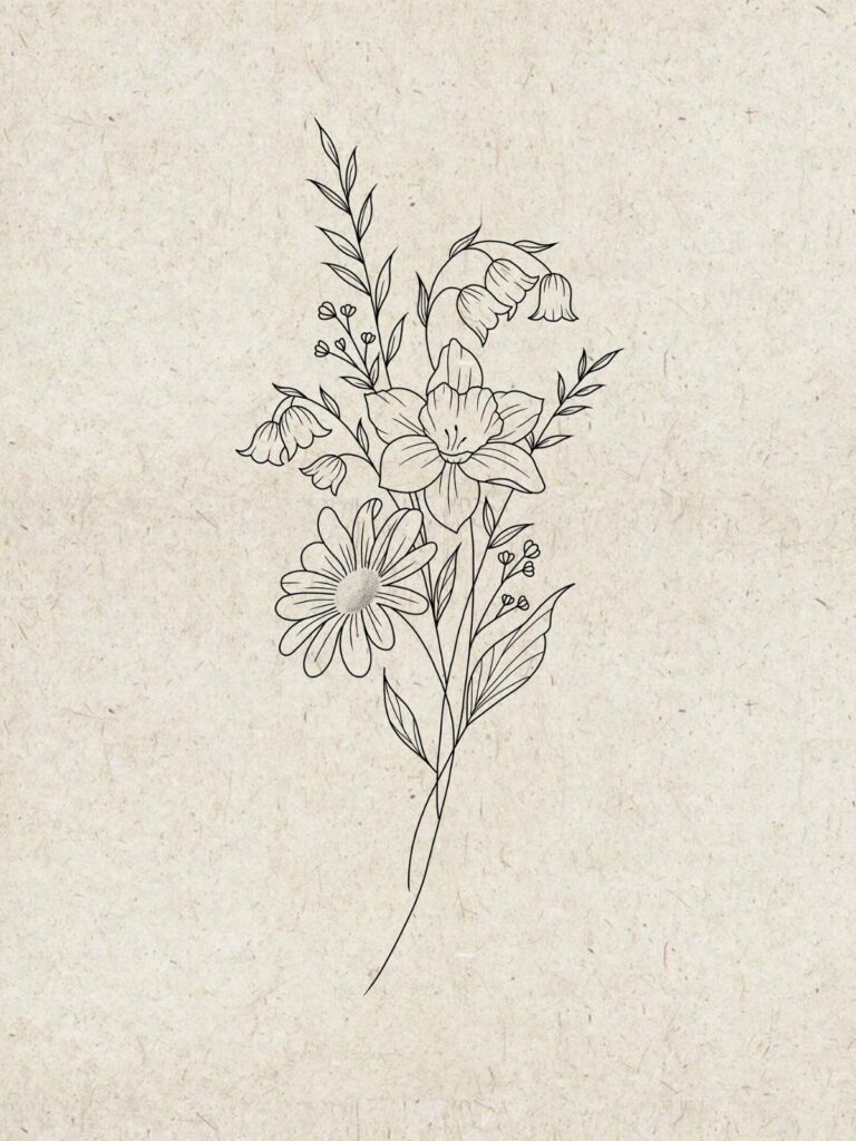 Fine line drawing of a floral bouquet with daisies and lilies on textured paper.