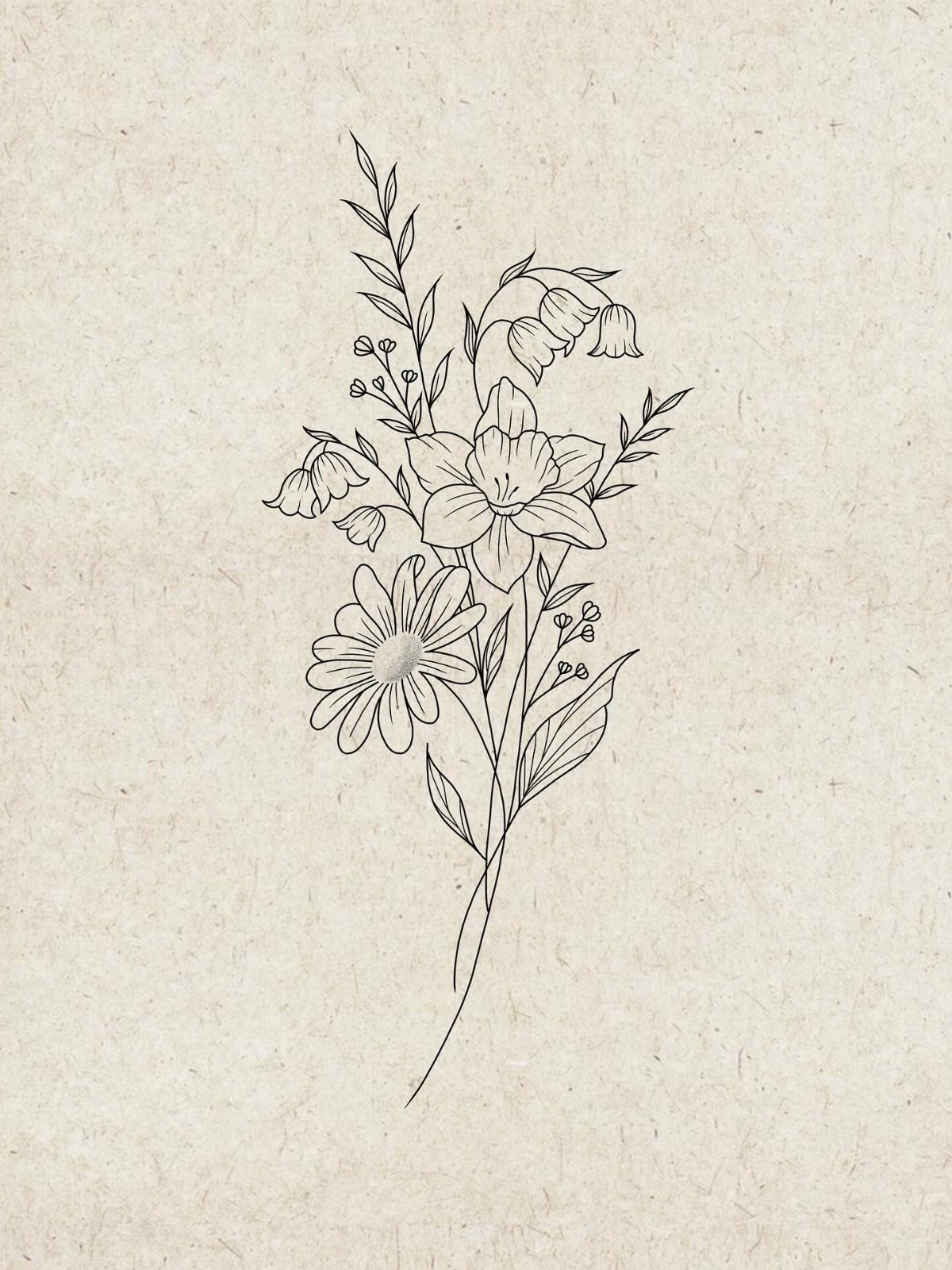 Fine line drawing of a floral bouquet with daisies and lilies on textured paper.